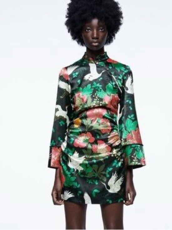 Zara Dresses & Skirts - Floral Satin Mini Dress Qi Pao style - Black & Green